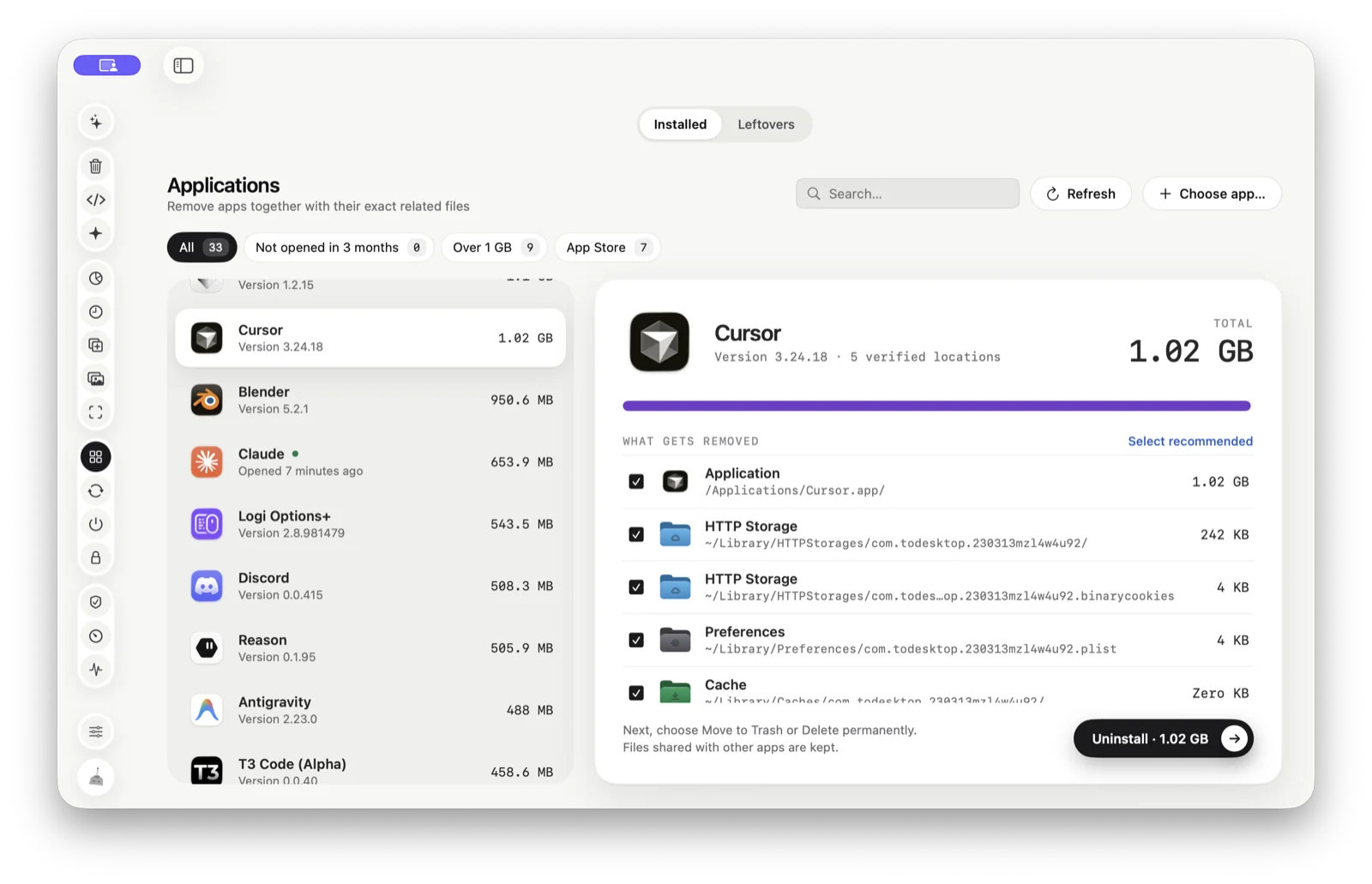 Tinymop’s Applications tool with Cursor selected: 1.02 GB in 5 verified locations