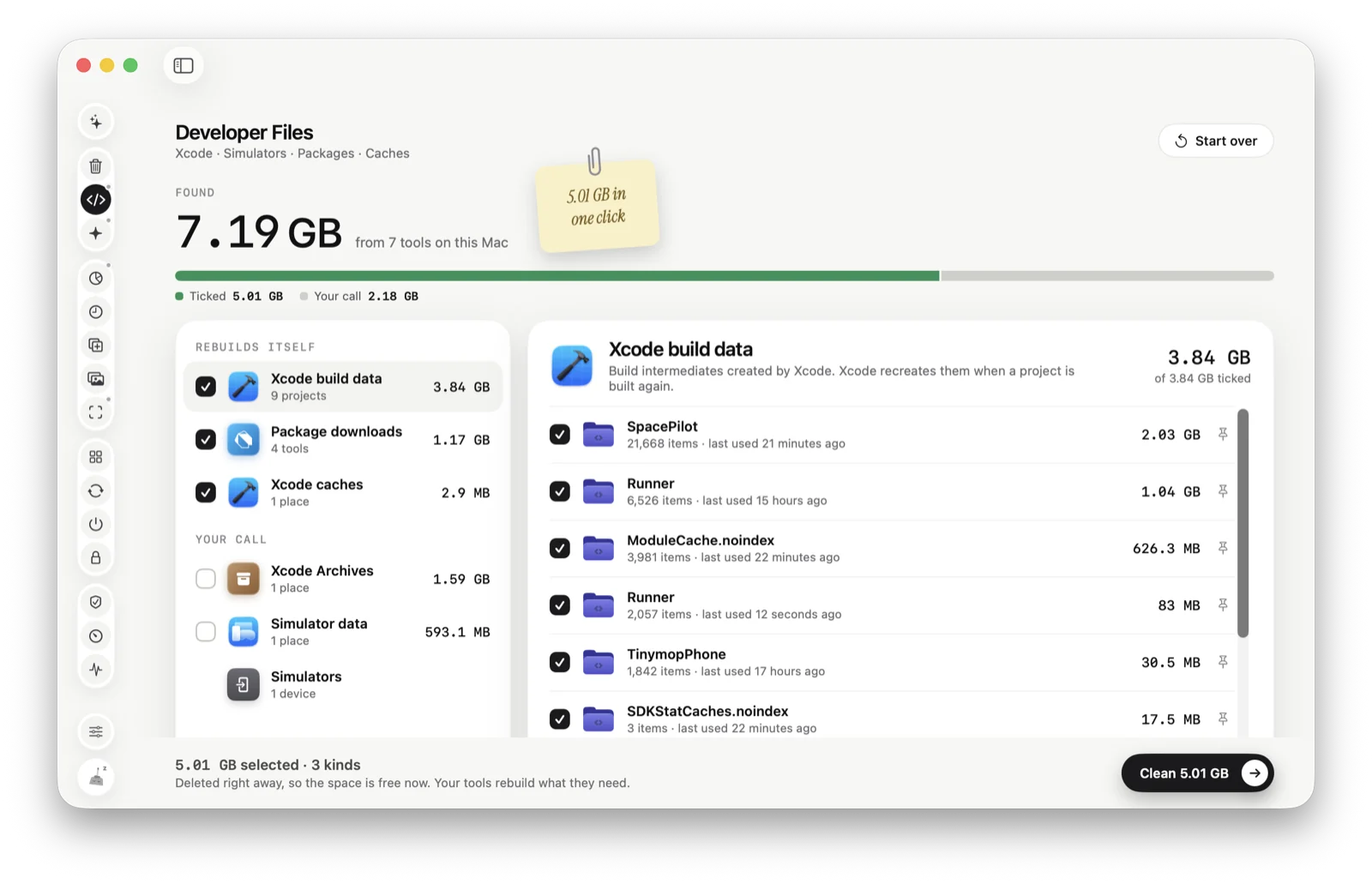 Developer Files results: 7.19 GB found from 7 tools on this Mac