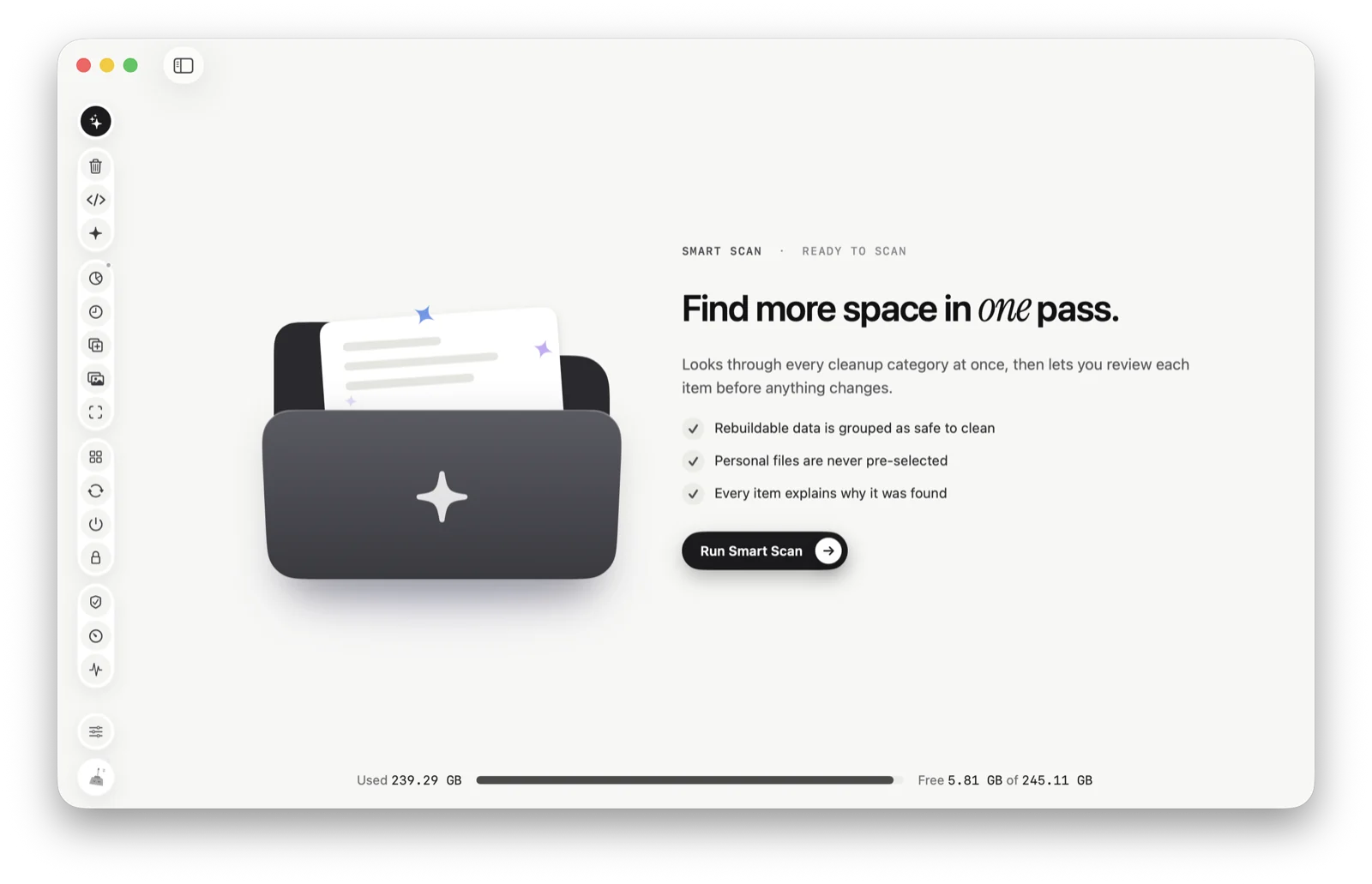 Tinymop’s Smart Scan page, ready to scan this Mac