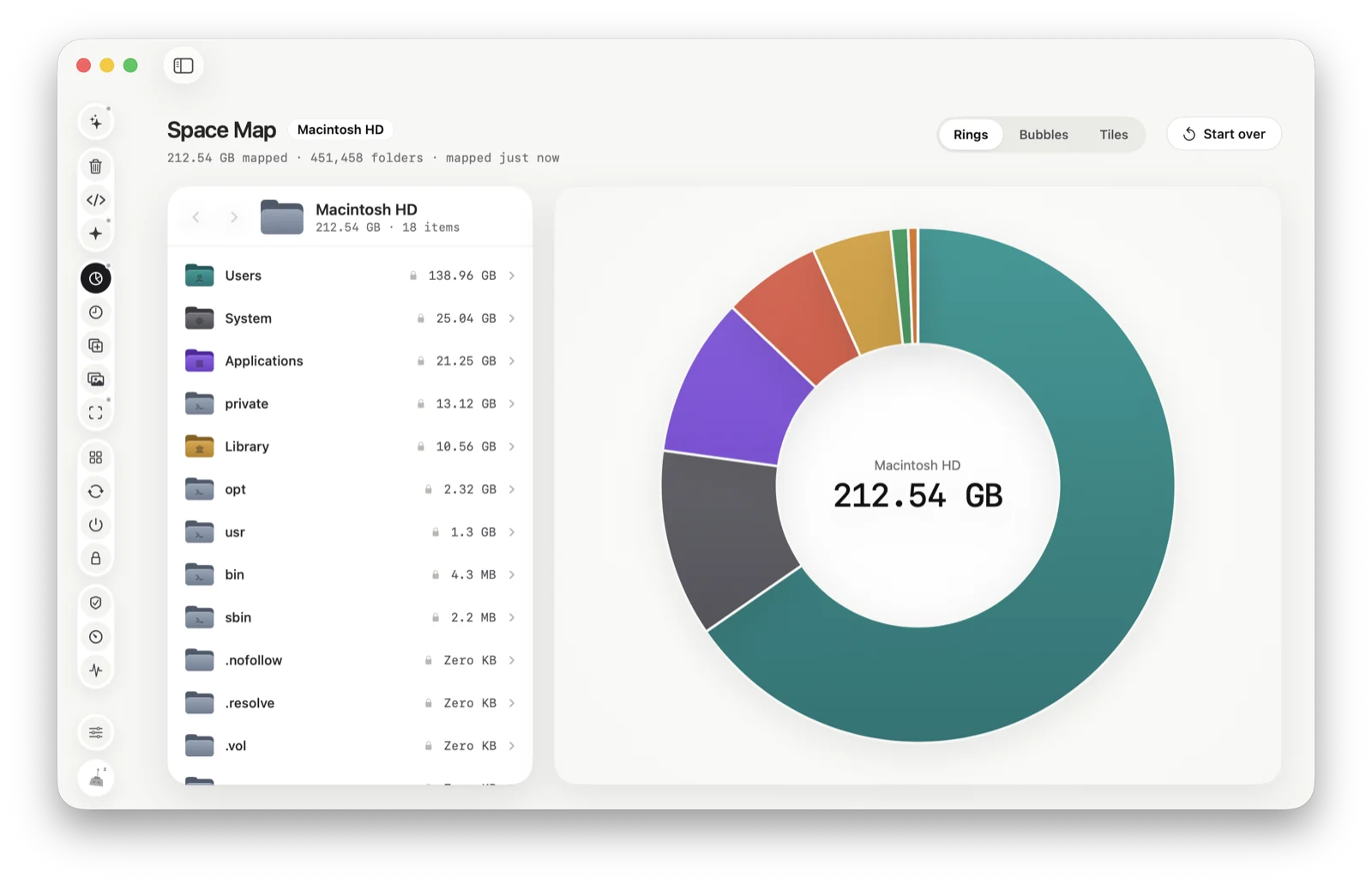 Space Map showing Macintosh HD: 212.54 GB in 451,458 folders